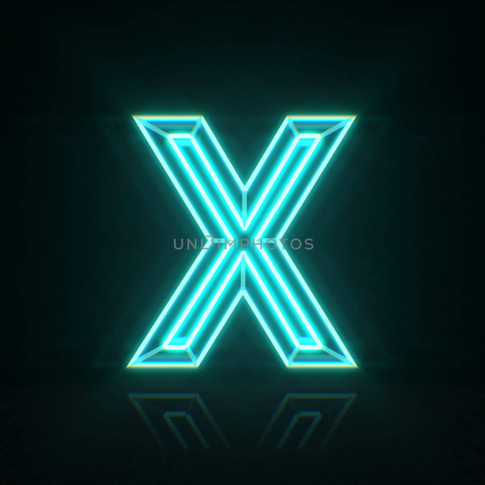 Cyan blue neon wire font Letter X 3D rendering illustration isolated on black background