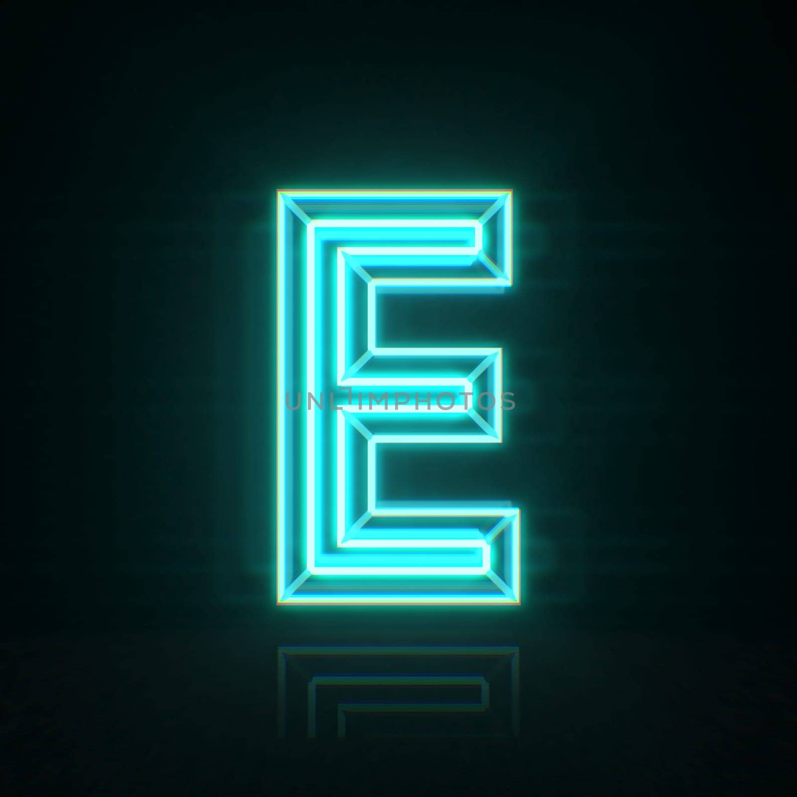 Cyan blue neon wire font Letter E 3D rendering illustration isolated on black background