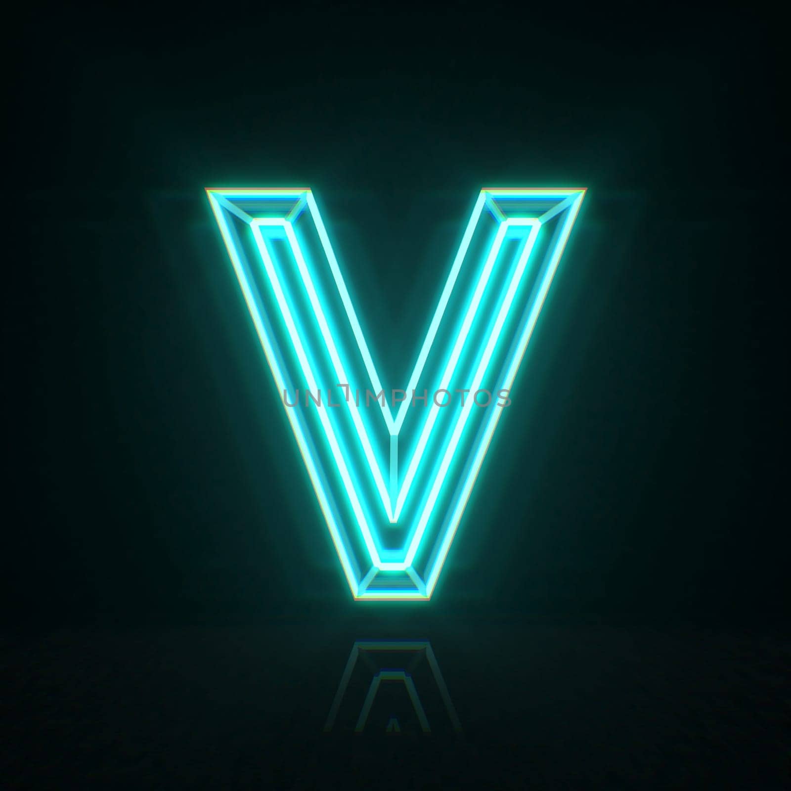 Cyan blue neon wire font Letter V 3D rendering illustration isolated on black background