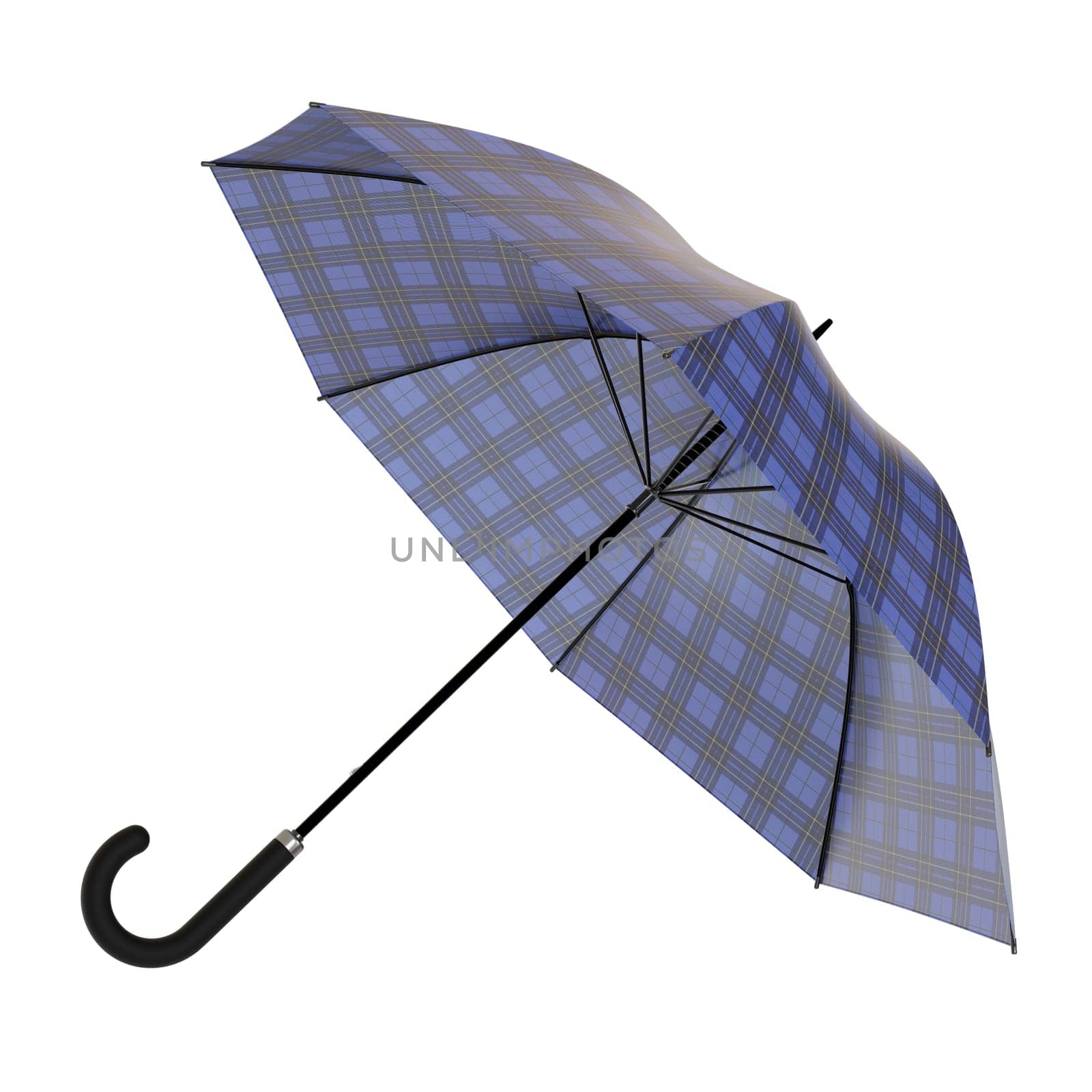 Open blue umbrella with checkered plaid pattern black handle lying on a side or flying away, isolated on white background. 3D illustration