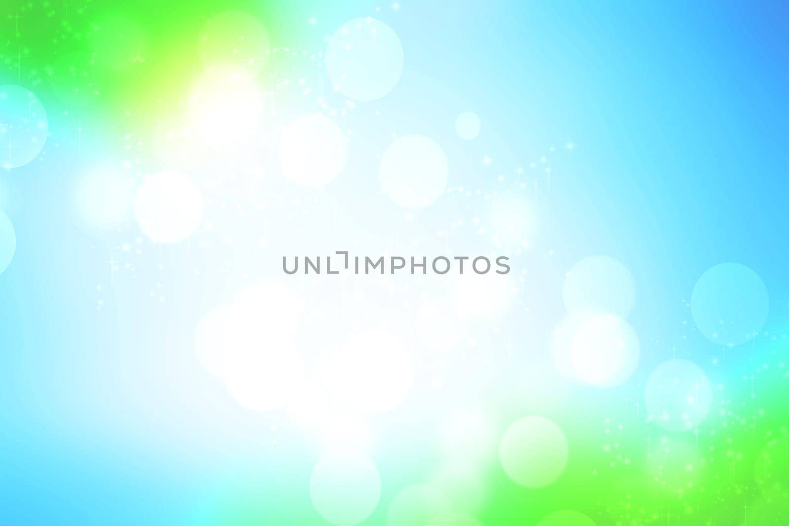 Abstract bright spring or summer landscape texture with natural light green white bokeh lights and blue bright sunny sky with clouds. Autumn or summer background with copy space.