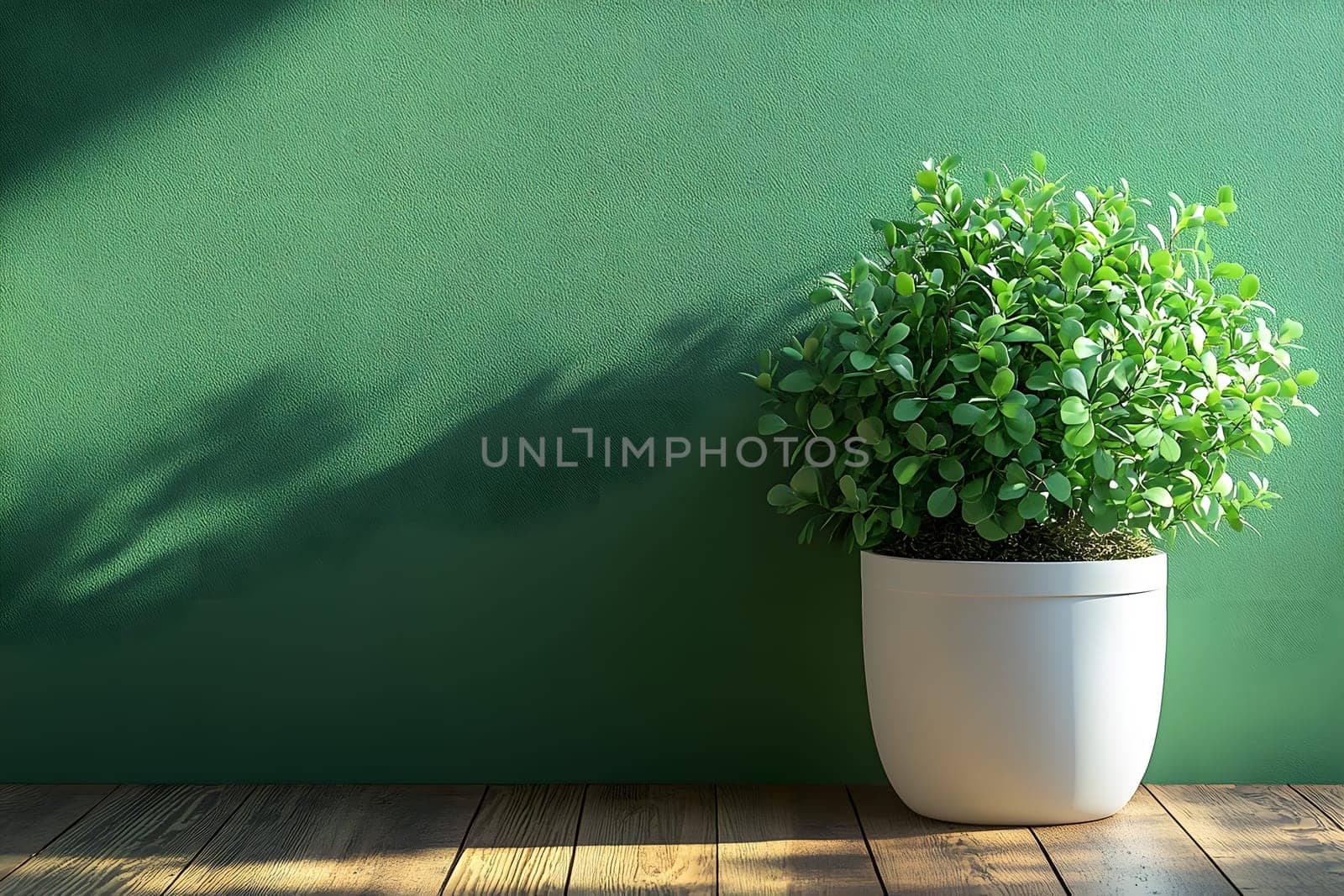 A green plant in white pot on a wooden floor in front of a green wall give a feeling of nature, calmness and balance. Suitable for use in interior design that want to emphasize a relaxing atmosphere.