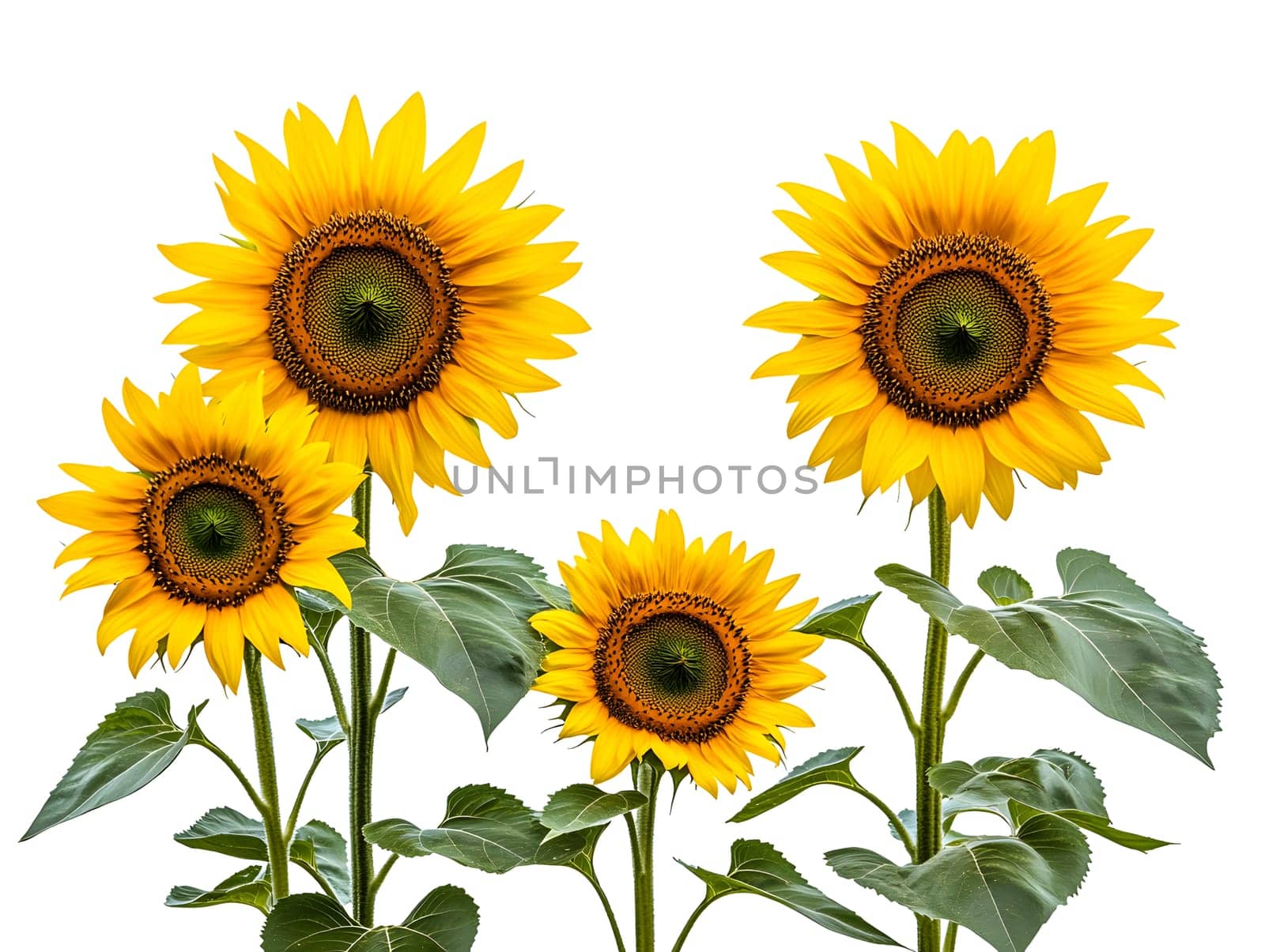 Bright yellow sunflowers in full bloom cut out on white background