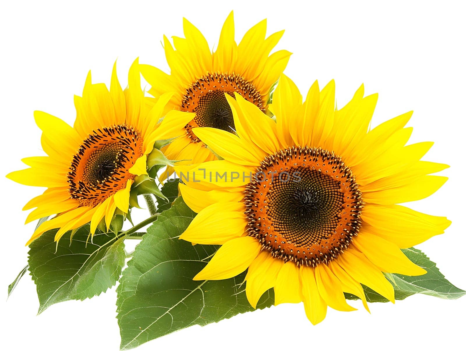 Bright yellow sunflowers in full bloom cut out on white background
