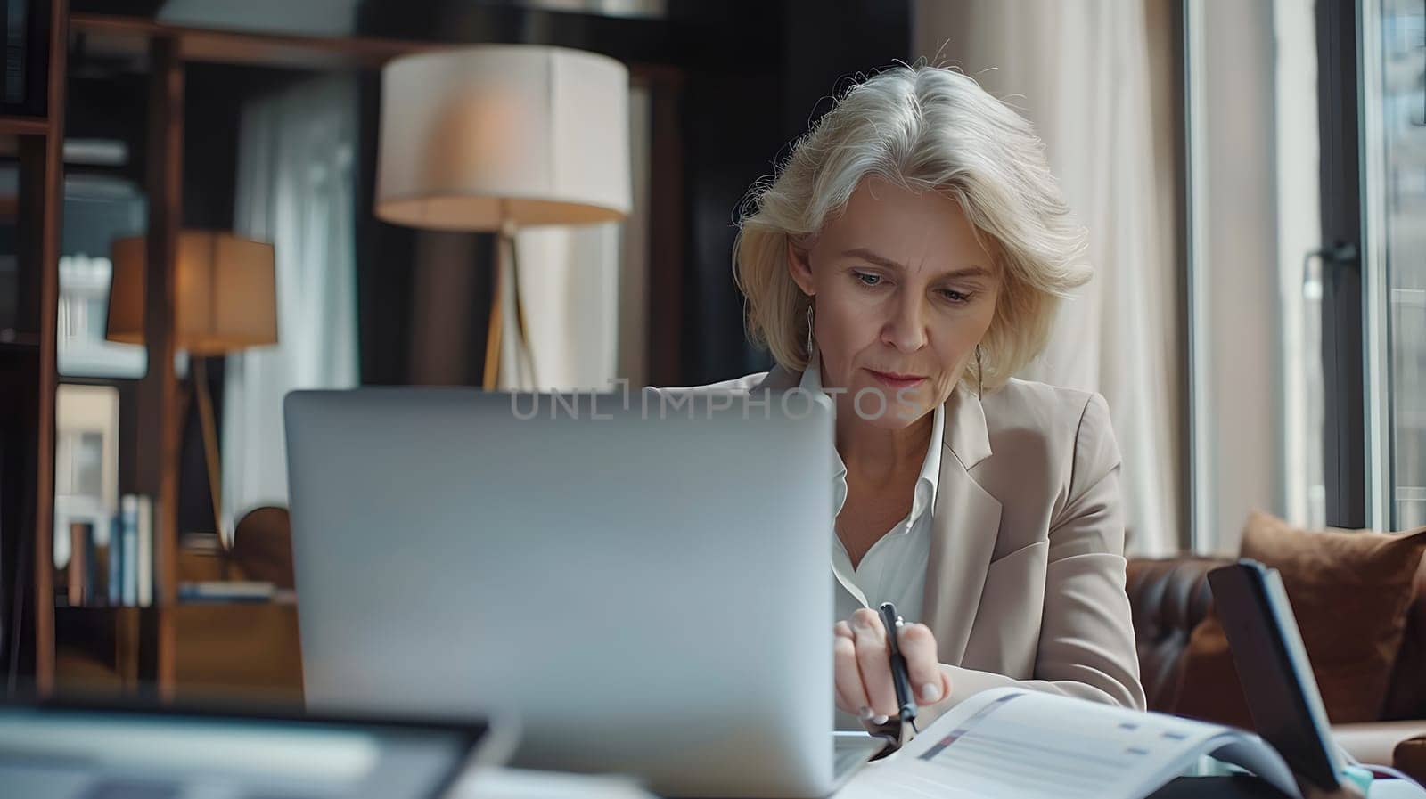 Busy happy mature business woman bank manager working