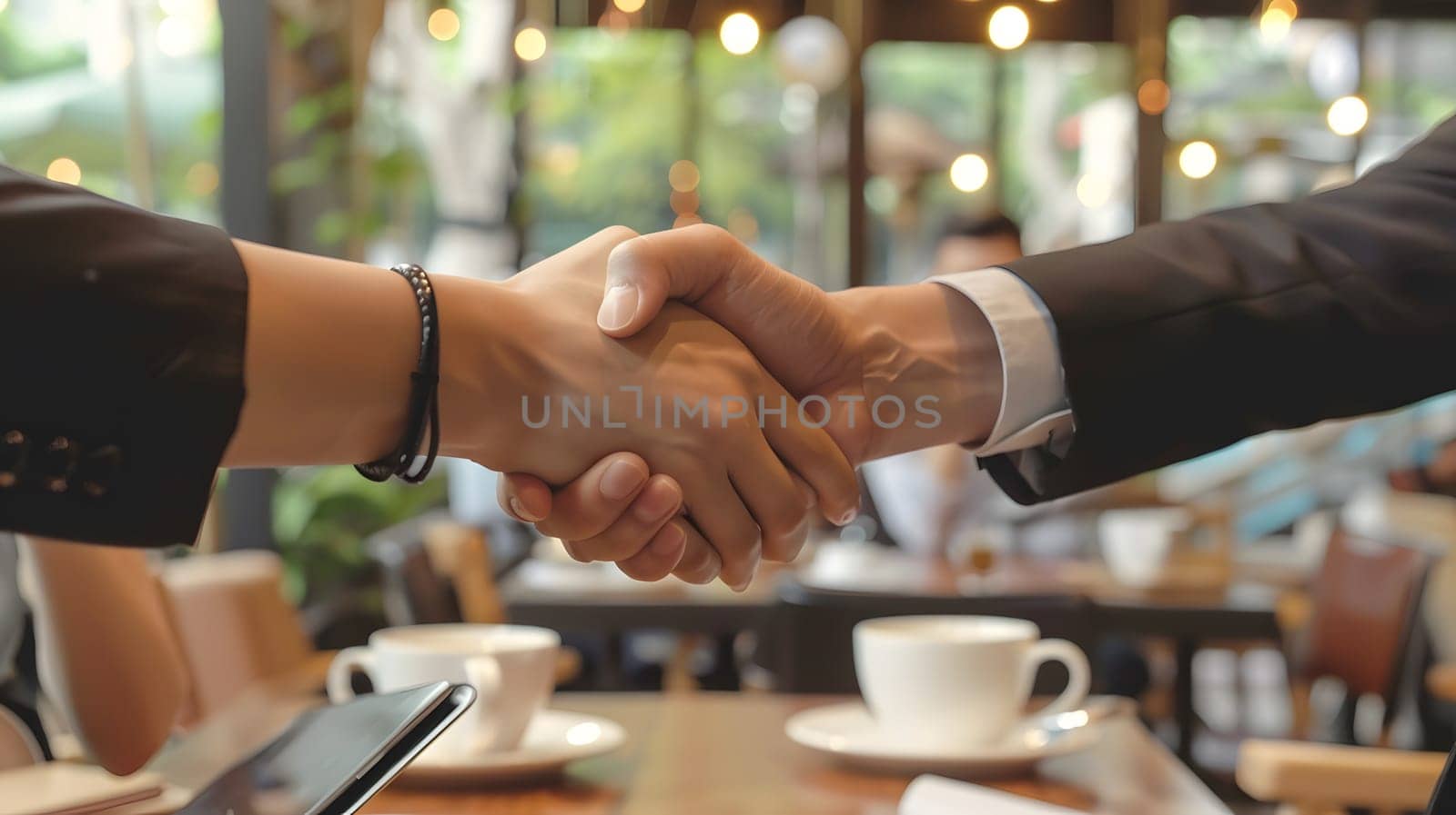 Cafe business people and shaking hands for teamwork