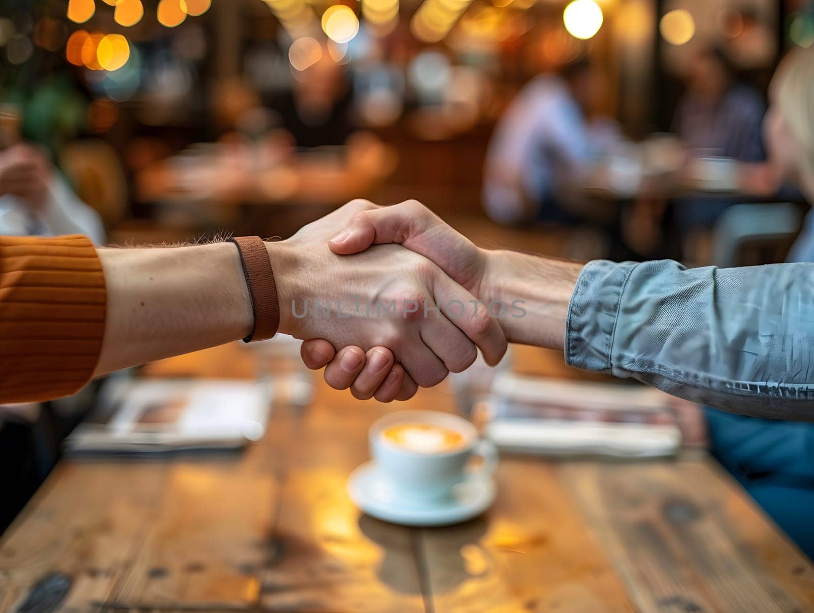 Cafe business people and shaking hands for teamwork