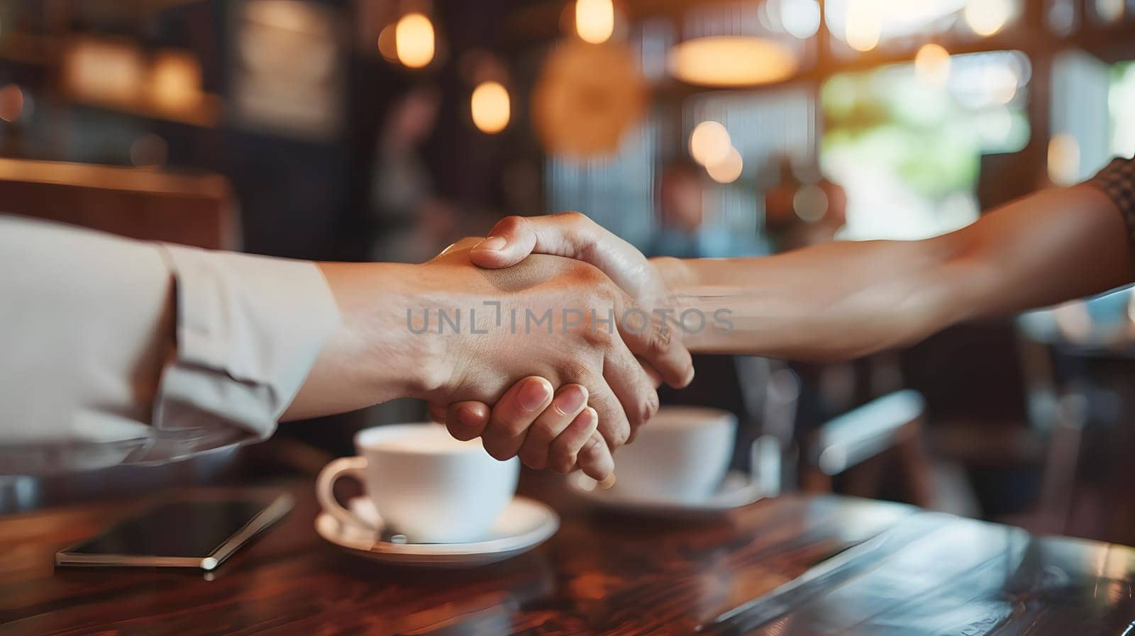 Cafe business people and shaking hands for teamwork