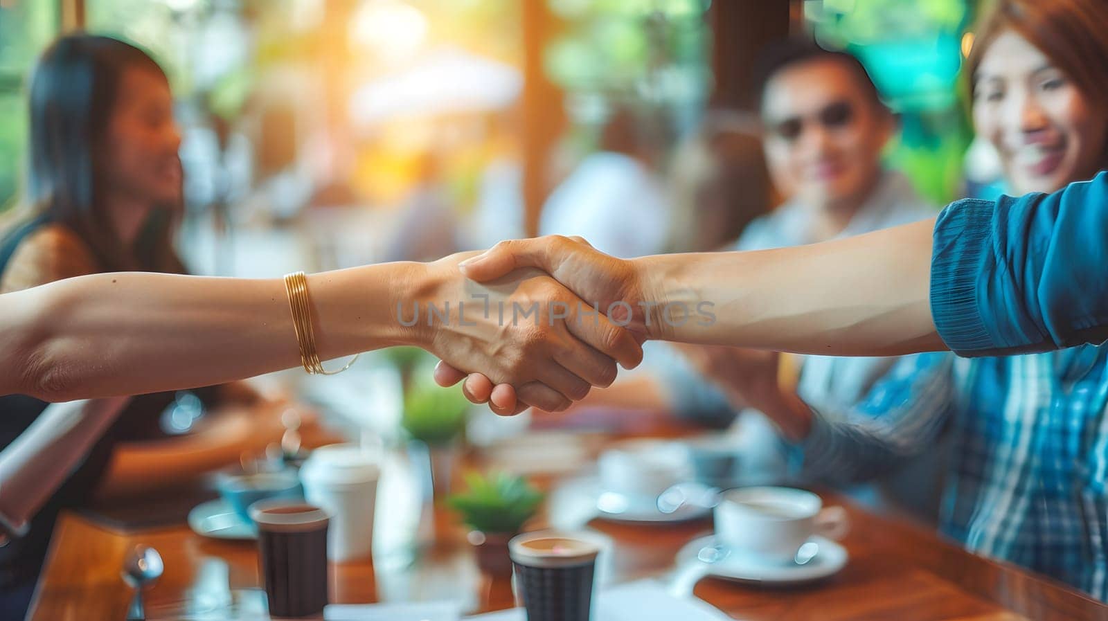Cafe business people and shaking hands for teamwork