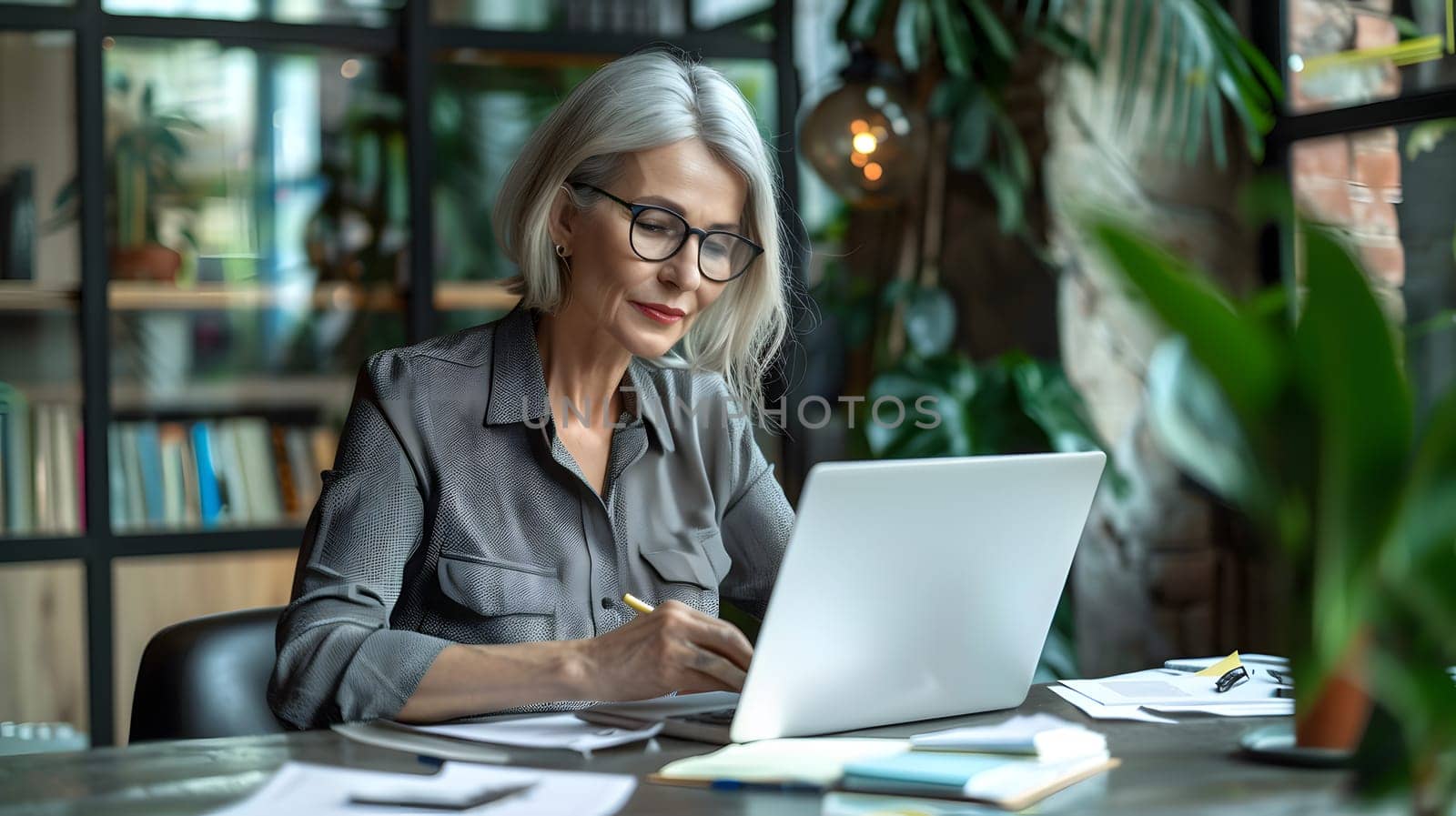 Busy happy mature business woman bank manager working