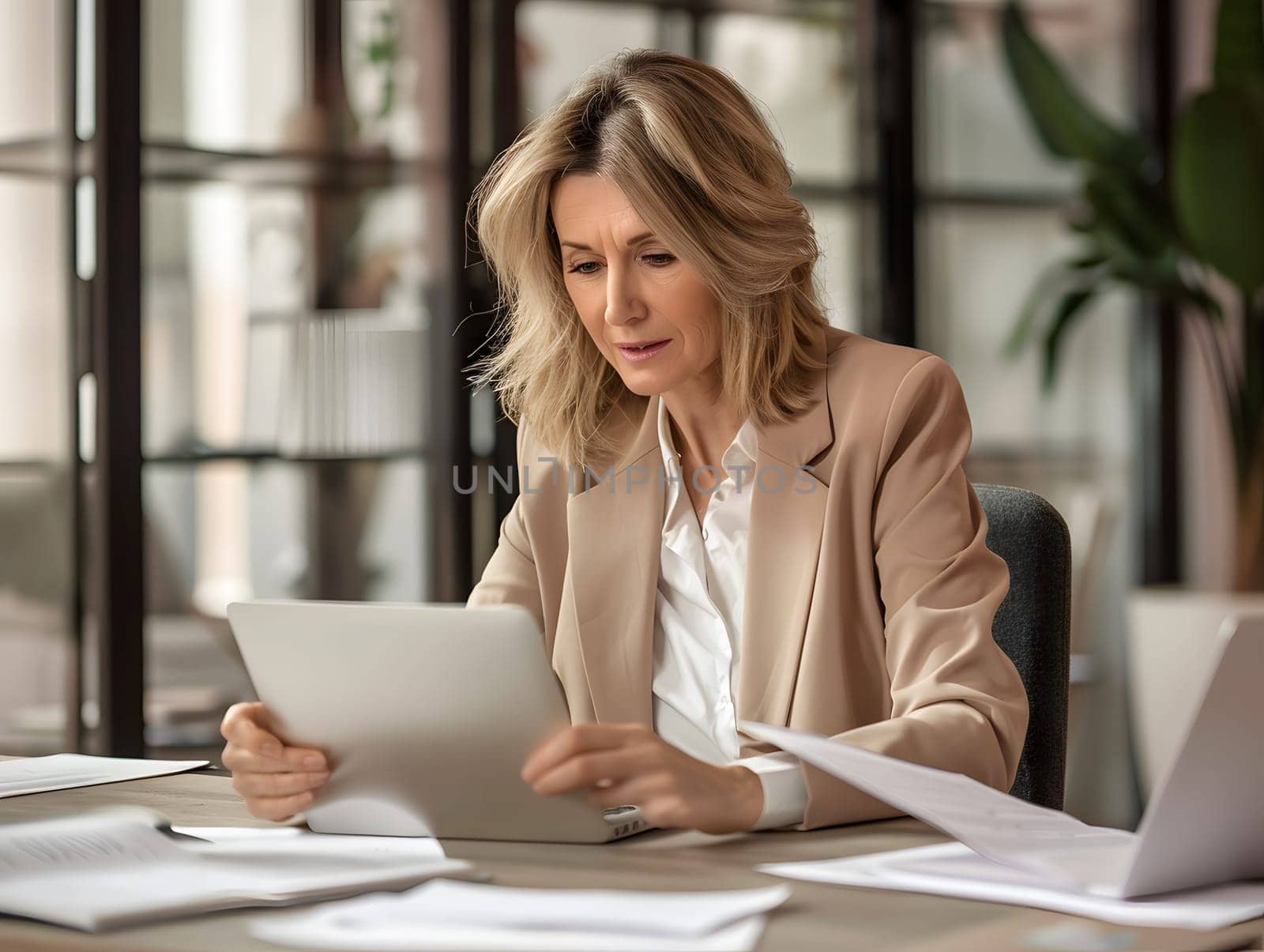 Busy happy mature business woman bank manager working