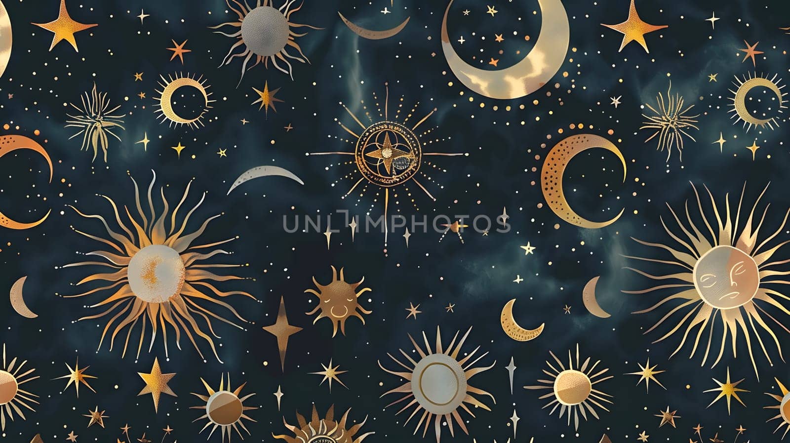 Celestial pattern with suns moons and stars on a dark background