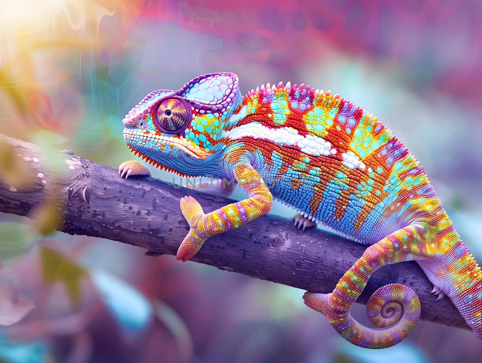 Chameleon on a branch changing color