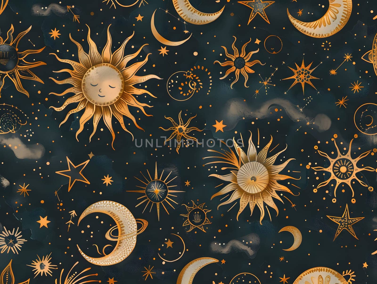 Celestial pattern with suns moons and stars on a dark background