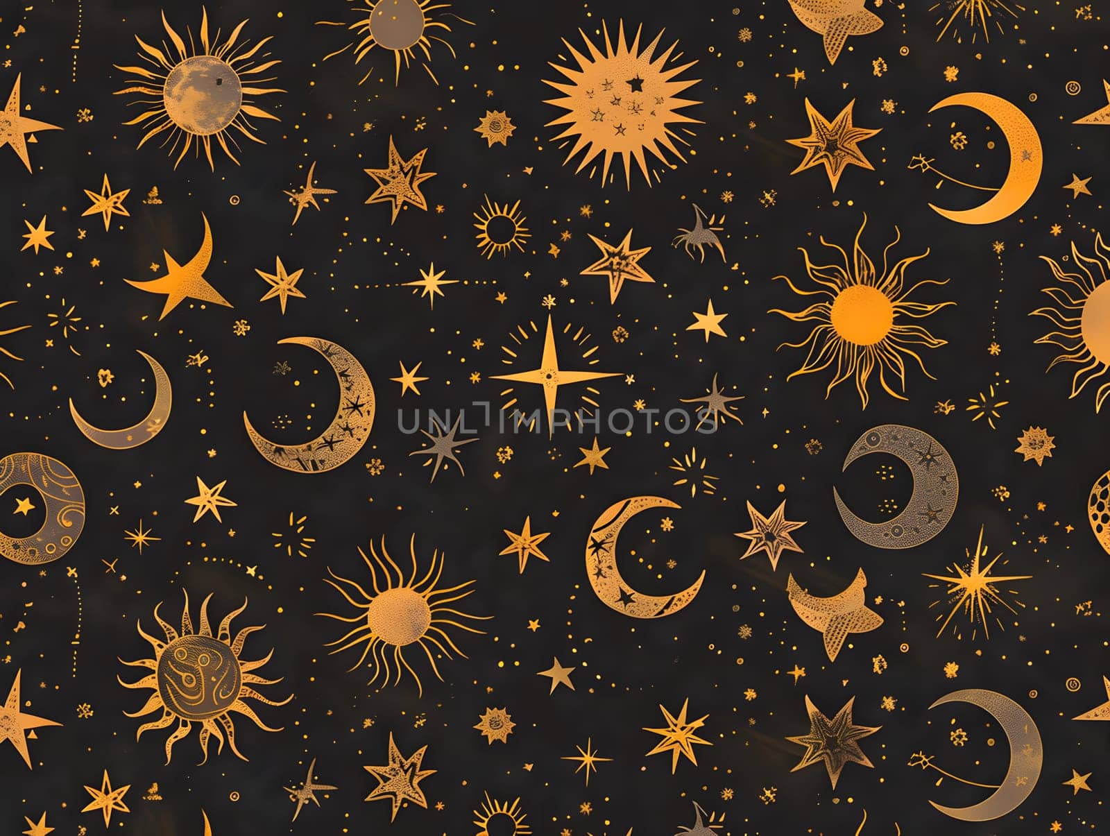 Celestial pattern with suns moons and stars on a dark background