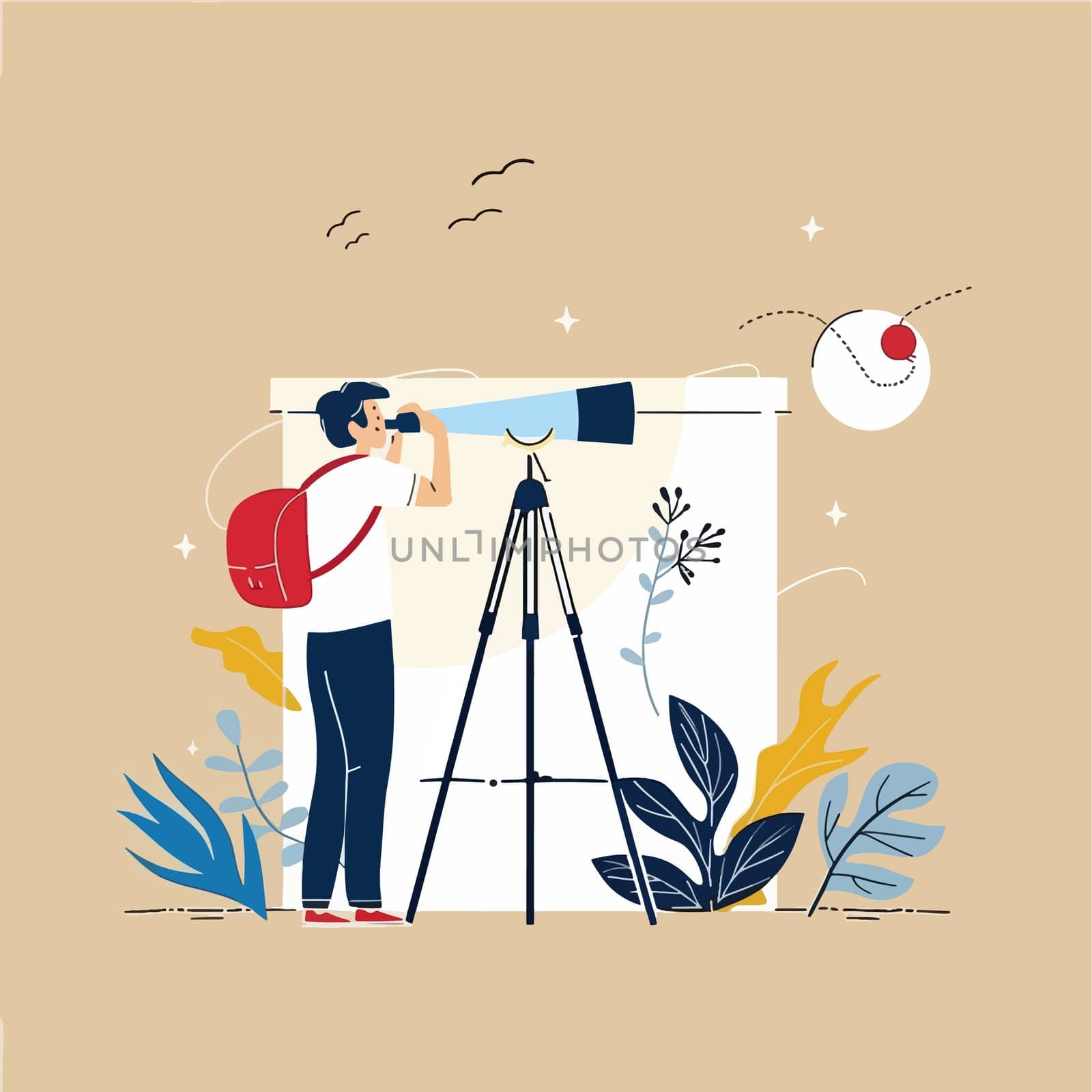 Young explorer uses telescope to observe night sky, surrounded by plants and cosmic elements in a whimsical illustration style.