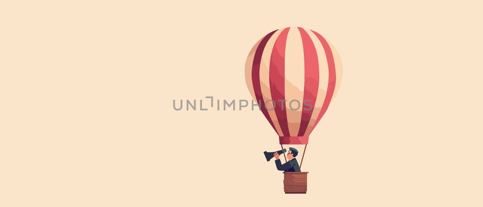 Businessman with binoculars in a striped hot air balloon, symbolizing business vision, leadership, and forward thinking strategy against a pale background.
