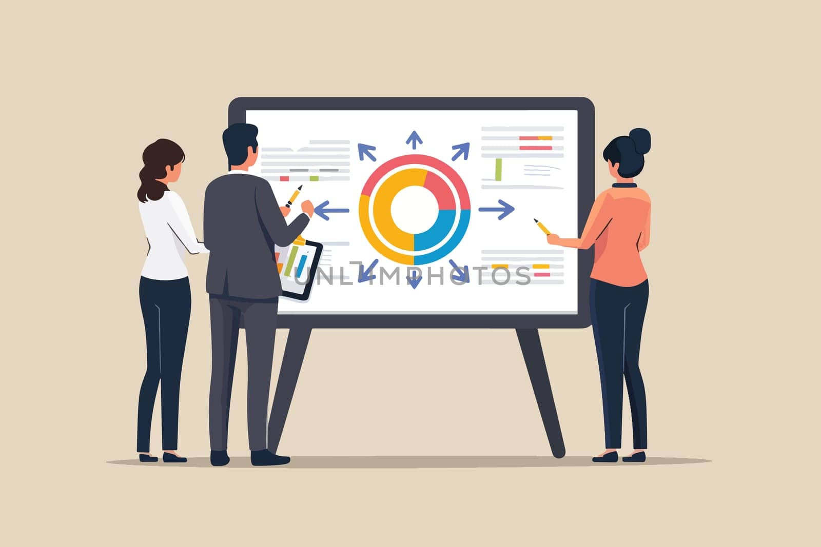 Three professionals examining a colorful data visualization on a large screen, showcasing collaborative analysis and strategic planning in a modern office environment.