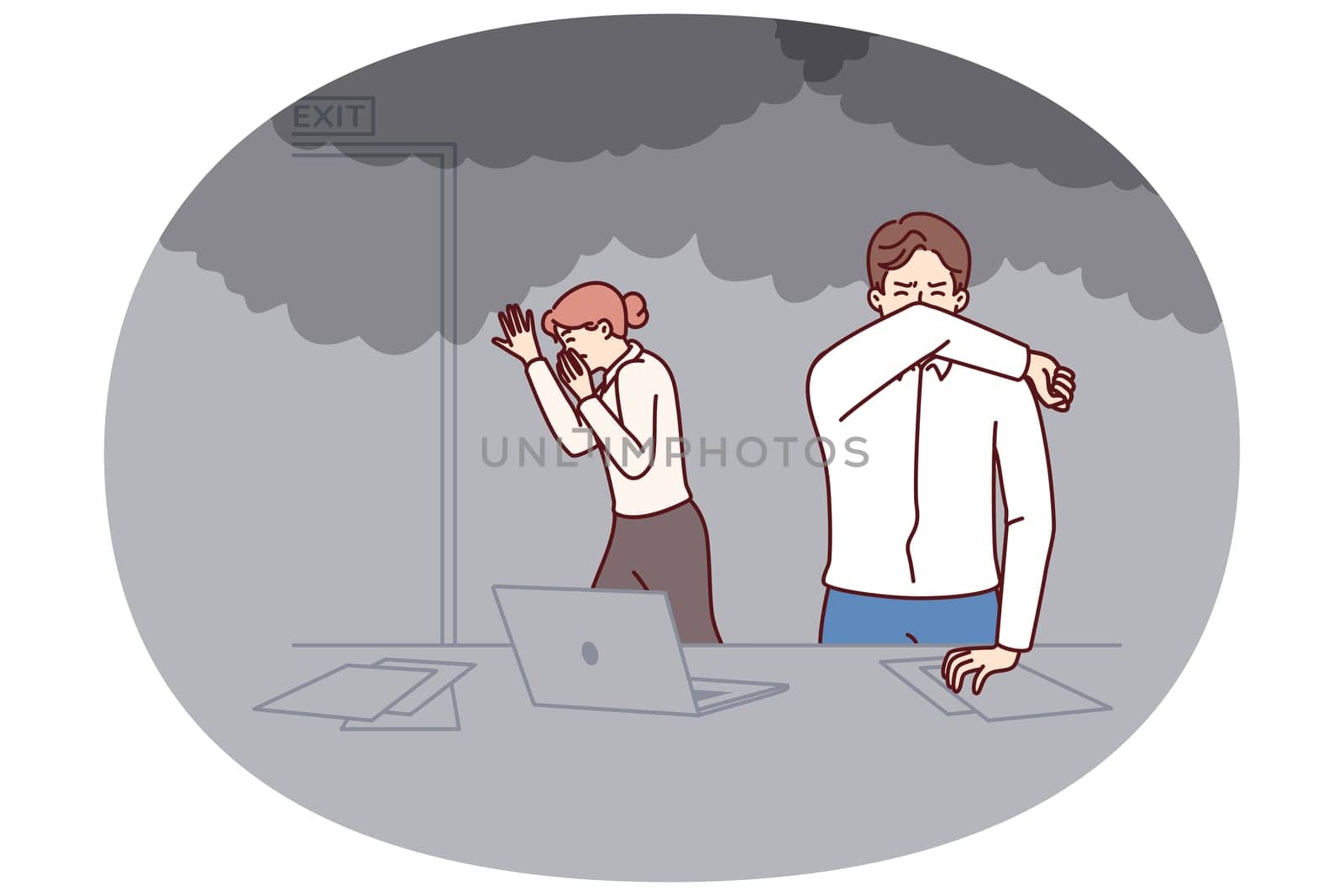 Office workers are evacuated from burning building during fire or smoke emergency. Men and women in formal wear panic and flee preparing to evacuate after smoke and fire spread through office