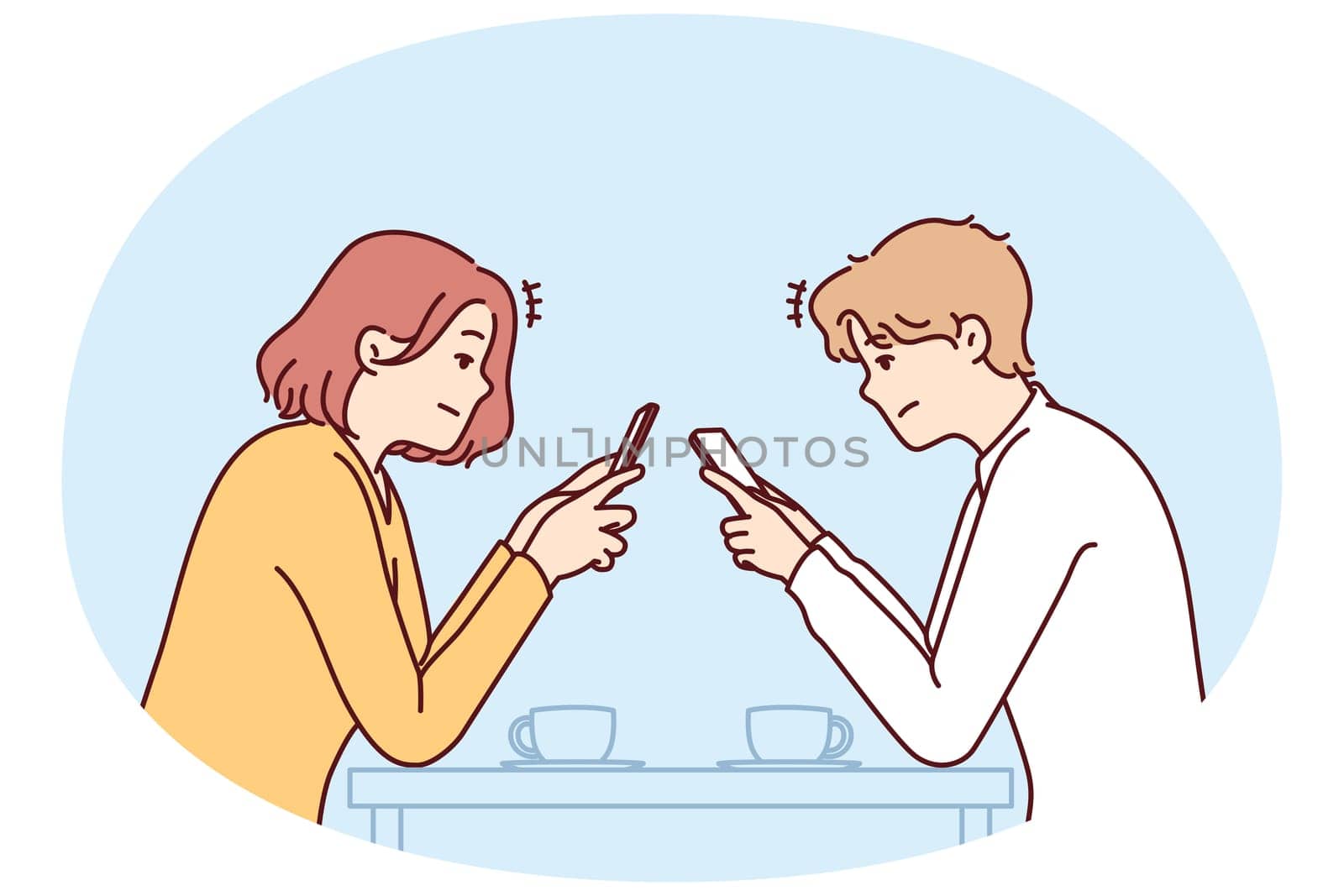 Couple with phones sits in cafe, addiction to social networks and internet chatting, not paying attention to interlocutor. Concept of social problems associated with digital addiction to gadgets