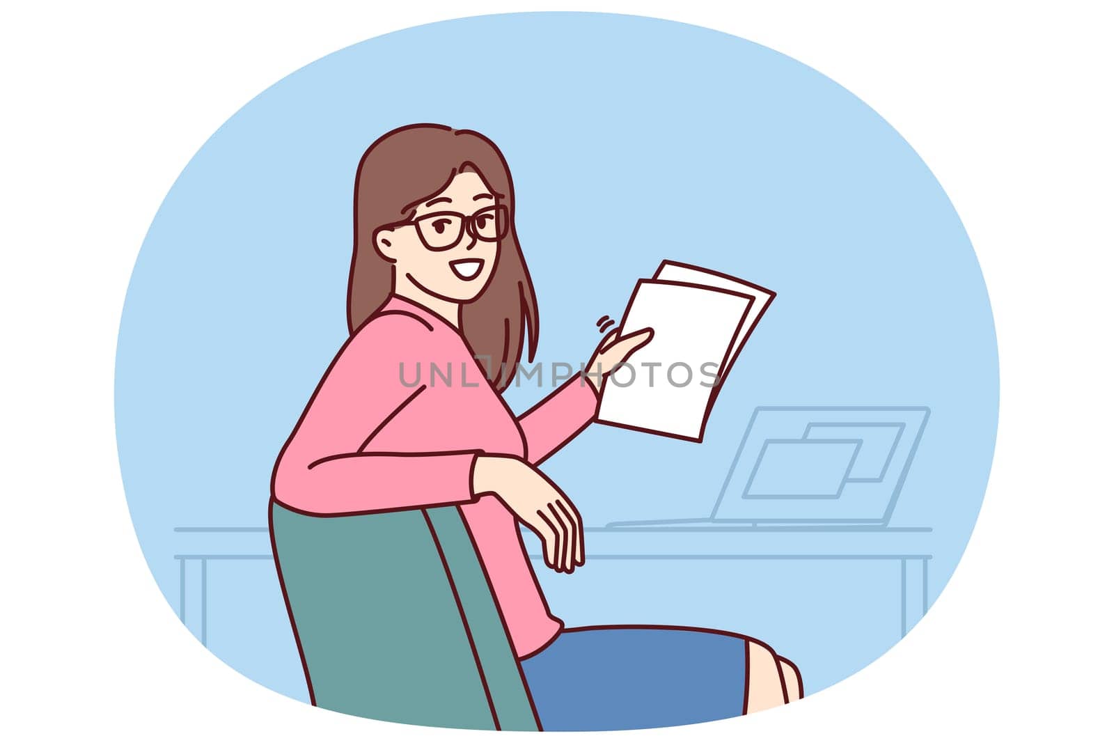 Successful woman office worker holds papers and sits at table with laptop making career as accountant or lawyer. Successful businesswoman turning around and looking at camera while doing paperwork