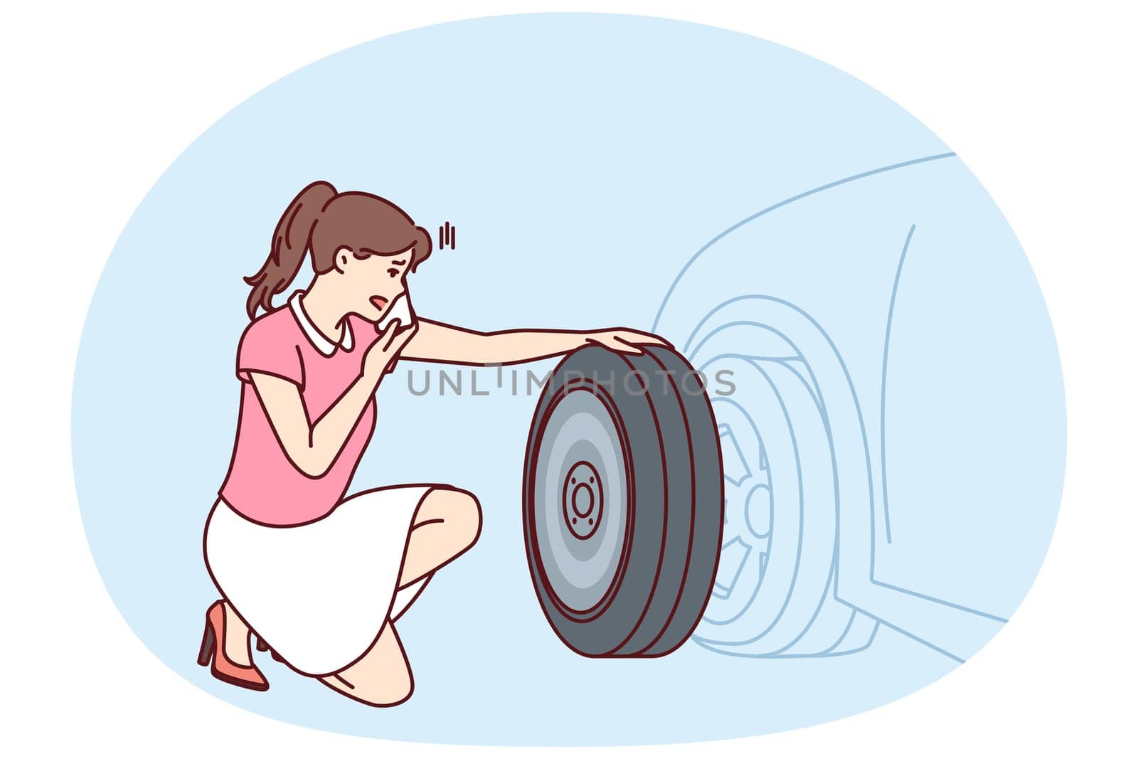Woman looks at punctured car tire trying to call for help to change tire or haul automobile to garage. Girl near car parked on roadside needs emergency help for concept of breakdown on road
