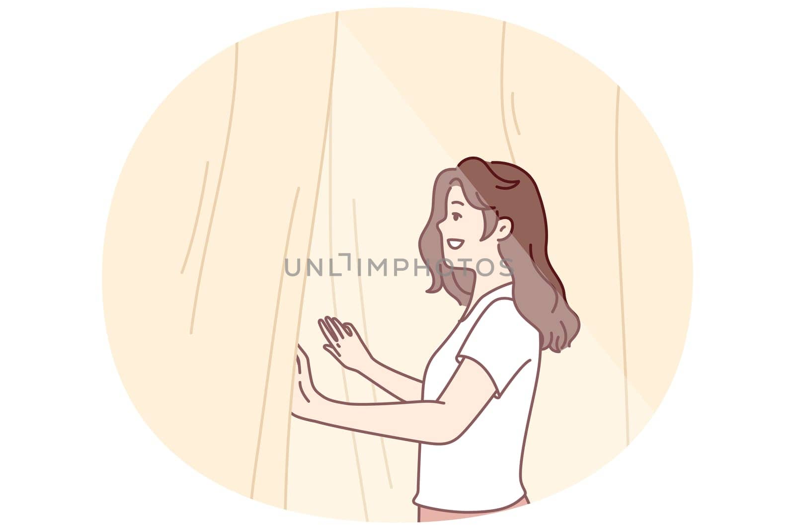 Smiling woman looks out window opening curtains and enjoying rays of summer morning sun. Girl opens curtains rejoicing at new sunny day after waking up in morning or dreams of going for walk