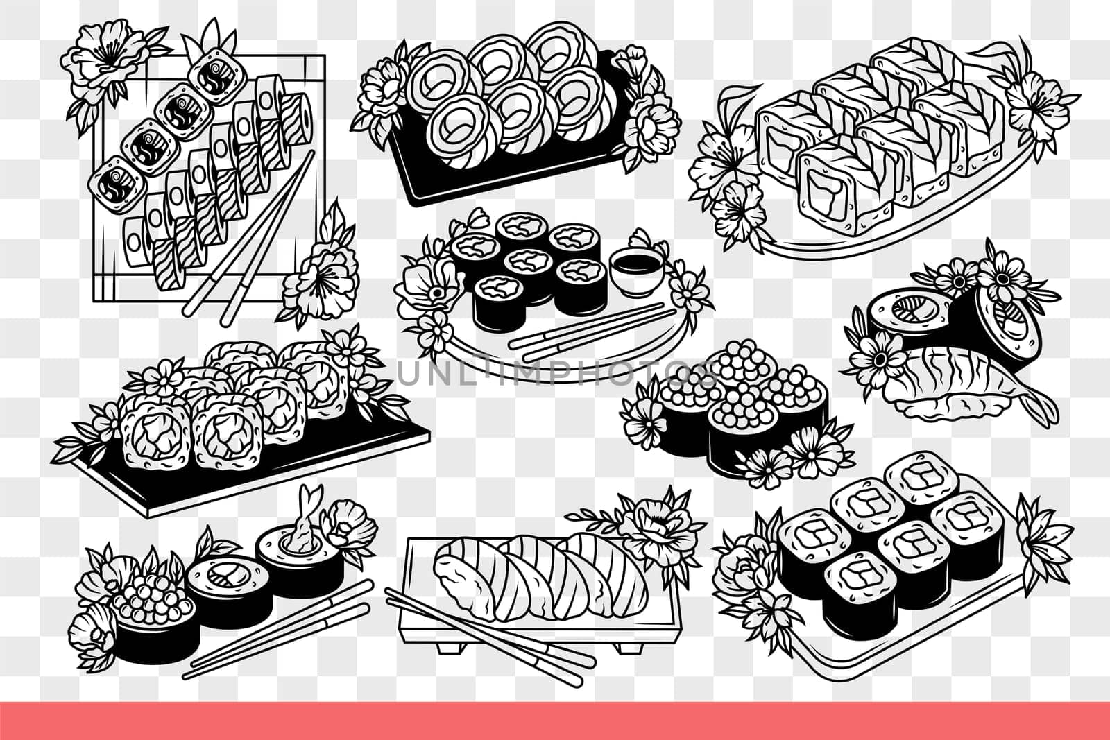 Maki rolls and sushi from japanese restaurant for delicious dinner and opportunity to enjoy fresh fish and rice. Maki rolls served on plates or wooden stands with bamboo chopsticks. Hand drawn.