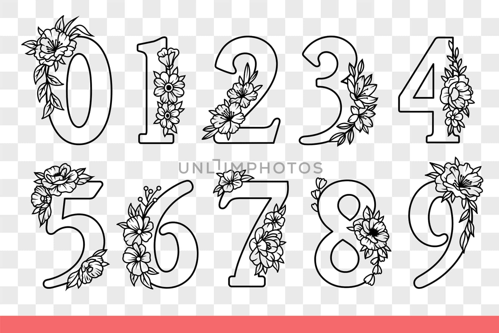 Prime numbers from zero to one are decorated with spring flowers to teach children how to count. Numbers for design of price tags in florist shop or decorations for book about botany. Hand drawn.