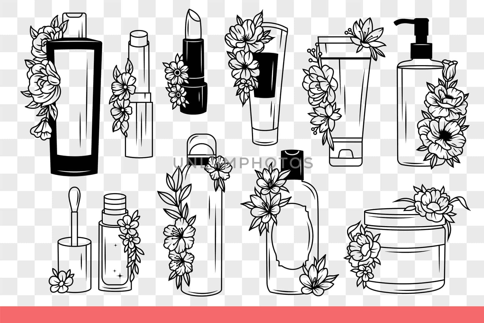 Cosmetics for caring for face or body skin and creating beautiful makeup. Shampoo and shower gel with floral scent next to nail polish or lipstick and cosmetics cream to get rid wrinkles. Hand drawn