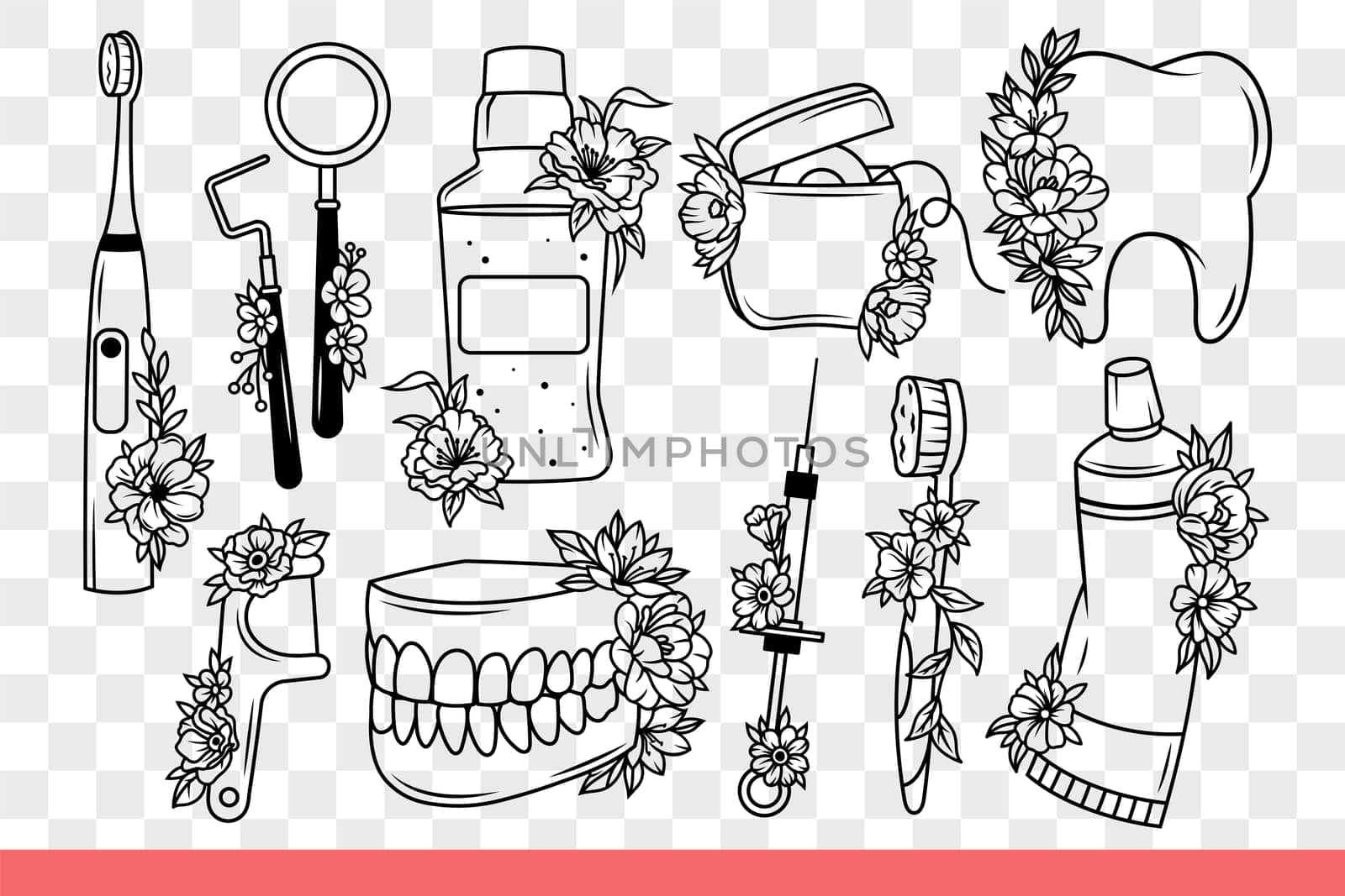 Items for self-care of teeth or going to dentist and visiting orthodontist. Toothpaste and toothbrush for care of teeth near magnifying glass and hook decorated with flowers. Hand drawn.