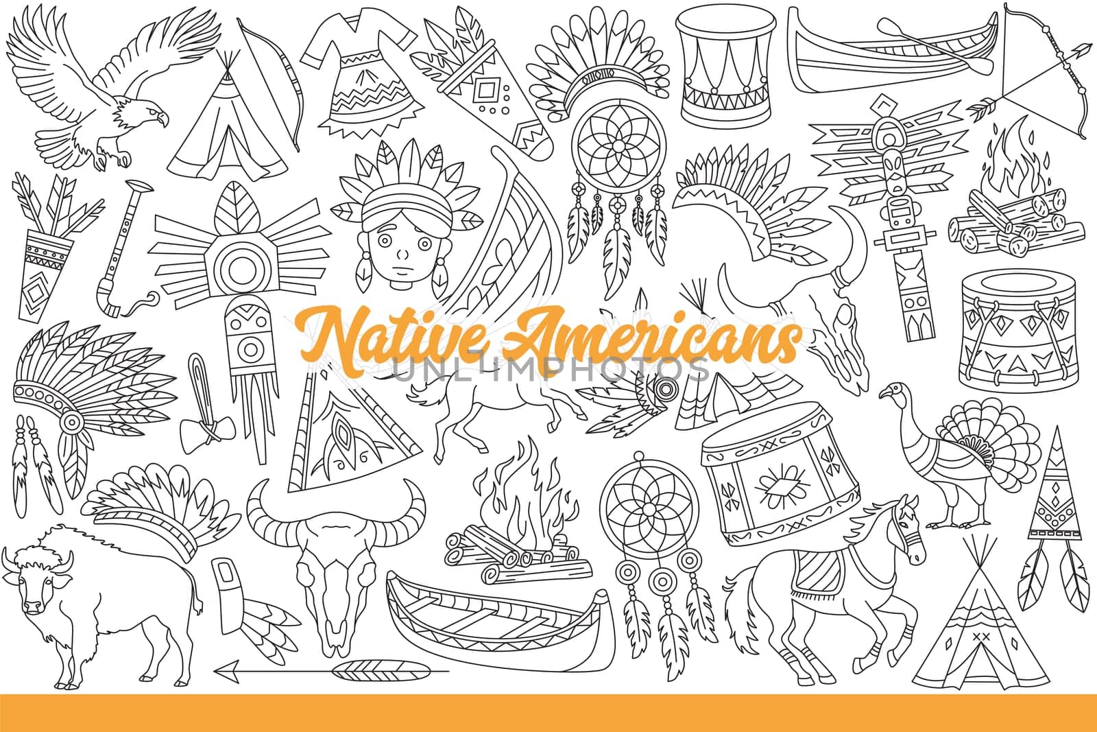 Culture of native american people and indians living in united states in bigwamas. Traditional headdresses for native american near fires or boats and national amulets. Hand drawn.
