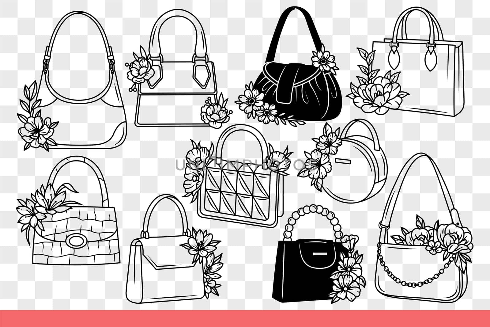 Handbags decorated with fresh flowers to decorate your look and go shopping. Handbags made of different materials for young girls who want to be fashionable and beautiful. Hand drawn.