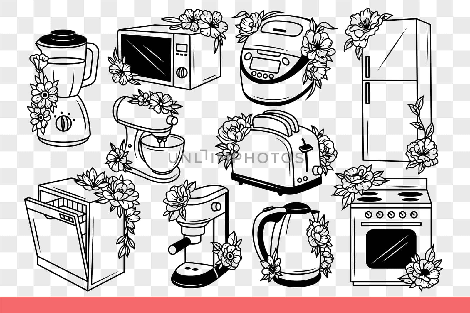 Kitchen appliances for preparing and storing delicious food or refreshing drinks. Kitchen appliances for housewives with blender and kettle or coffee maker and refrigerator. Hand drawn.
