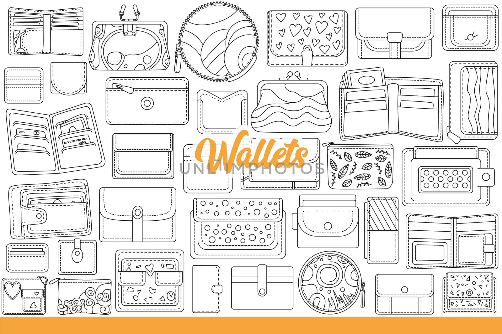 Women wallets made of genuine leather and dermantine, for storing cash bills and bank cards. Lady wallets with compartments for business cards or coins are designed to decorate image. Hand drawn.