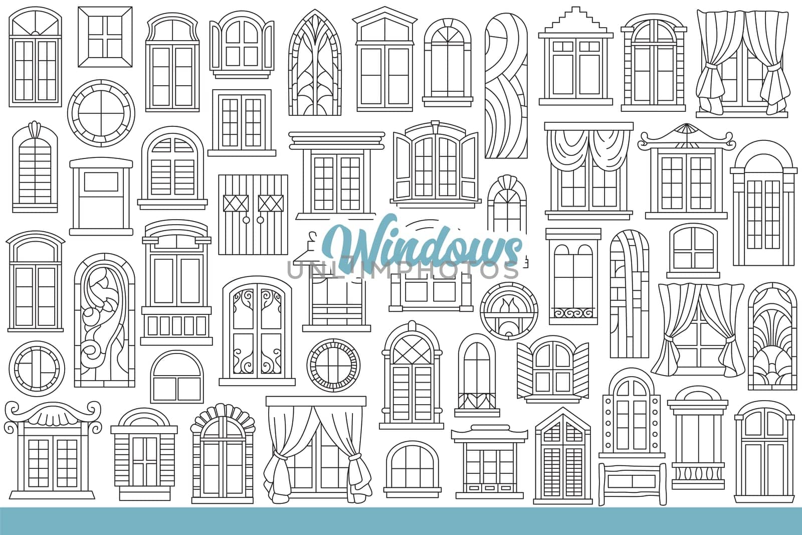 Windows frames and stained glass, decorated with curtains and sills from different architectural styles. Windows for facade of one-story houses or high-rise city buildings. Hand drawn.