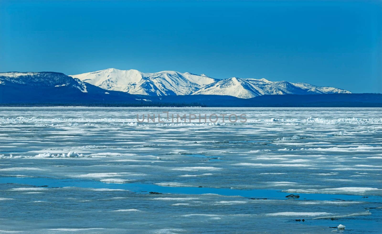 Snowy Mountains Viewed Across an Icy Yellowstone Lake in Yellowstone National Park in Wyoming