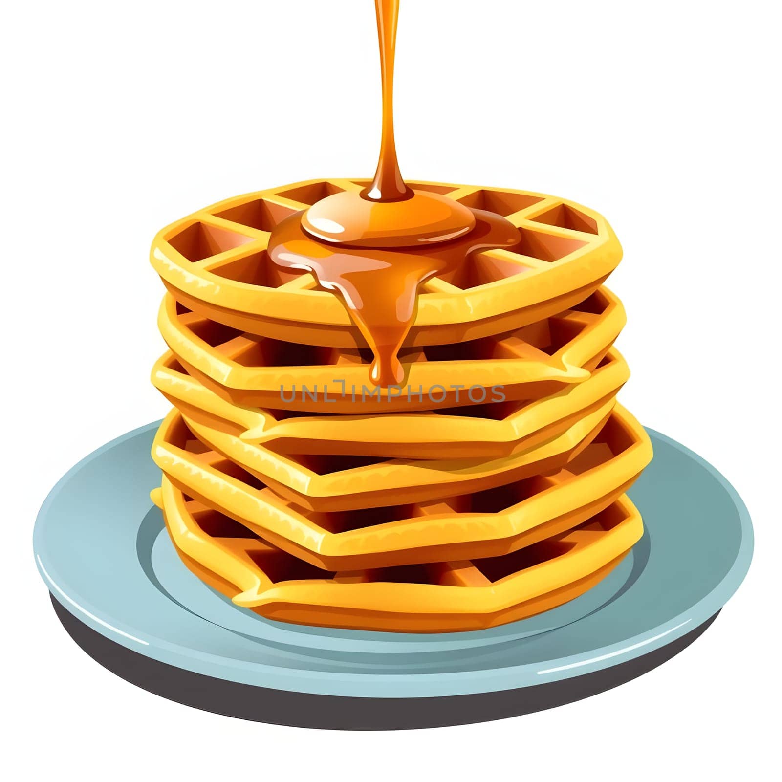 A tall stack of golden, fluffy waffles is topped with a generous drizzle of sweet syrup, resting on a round blue plate. The warm breakfast dish looks inviting and delicious.