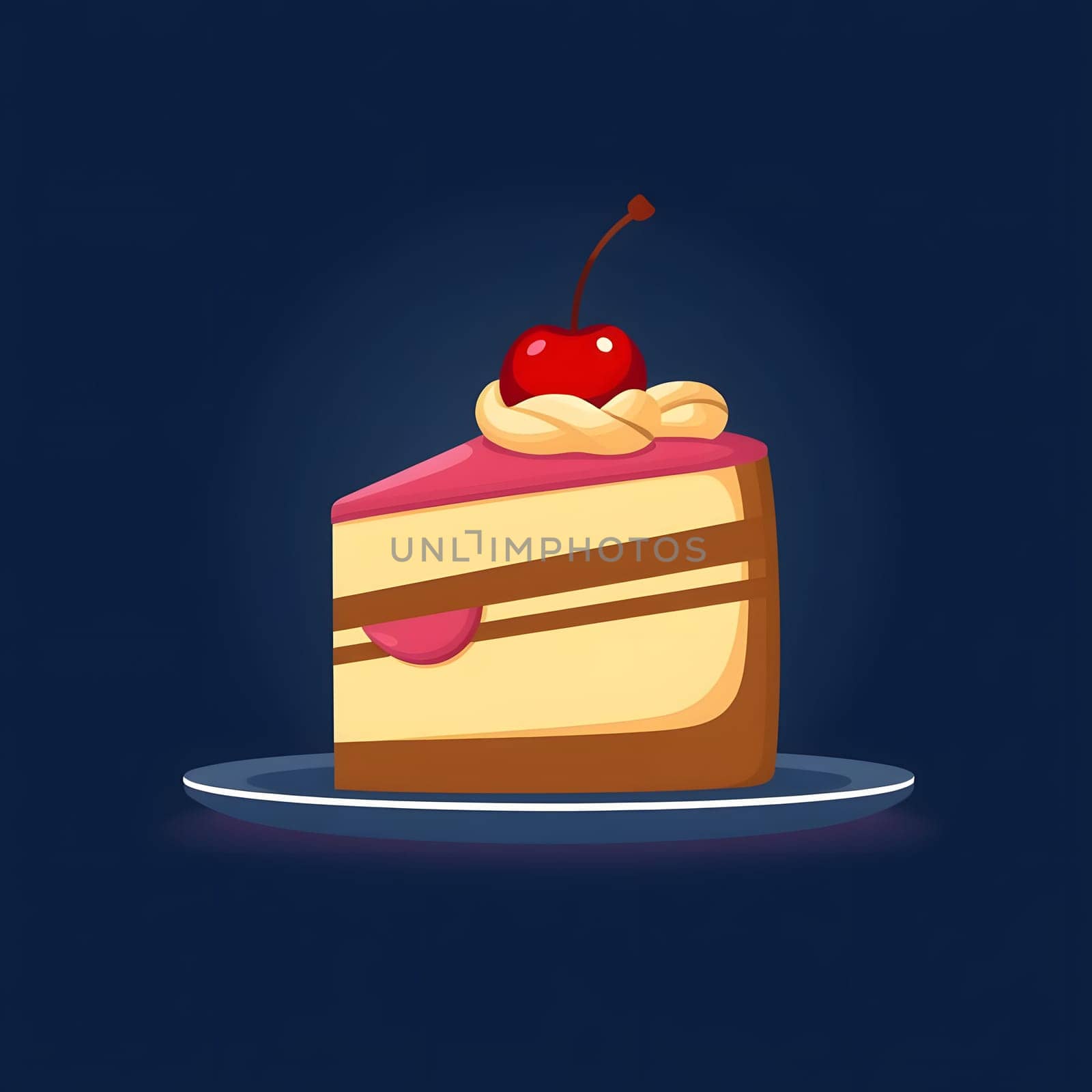 A slice of chocolate cake sits on a plate, topped with a cherry and whipped cream, contrasting beautifully with the dark background, making it an inviting dessert choice.