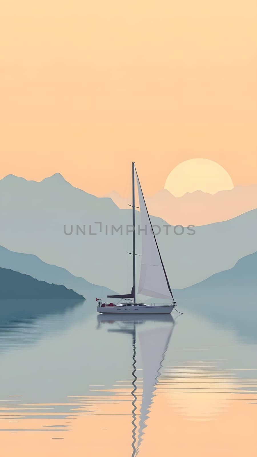 A serene sailboat floats on still waters as the sun sets behind majestic mountains. The vibrant colors reflect on the water, creating a tranquil scene of nature's beauty.