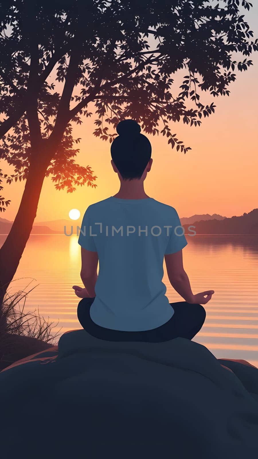 A tranquil setting features a woman sitting cross-legged on a rock by a lake, meditating as the sun sets, casting warm colors across the water and surrounding trees.