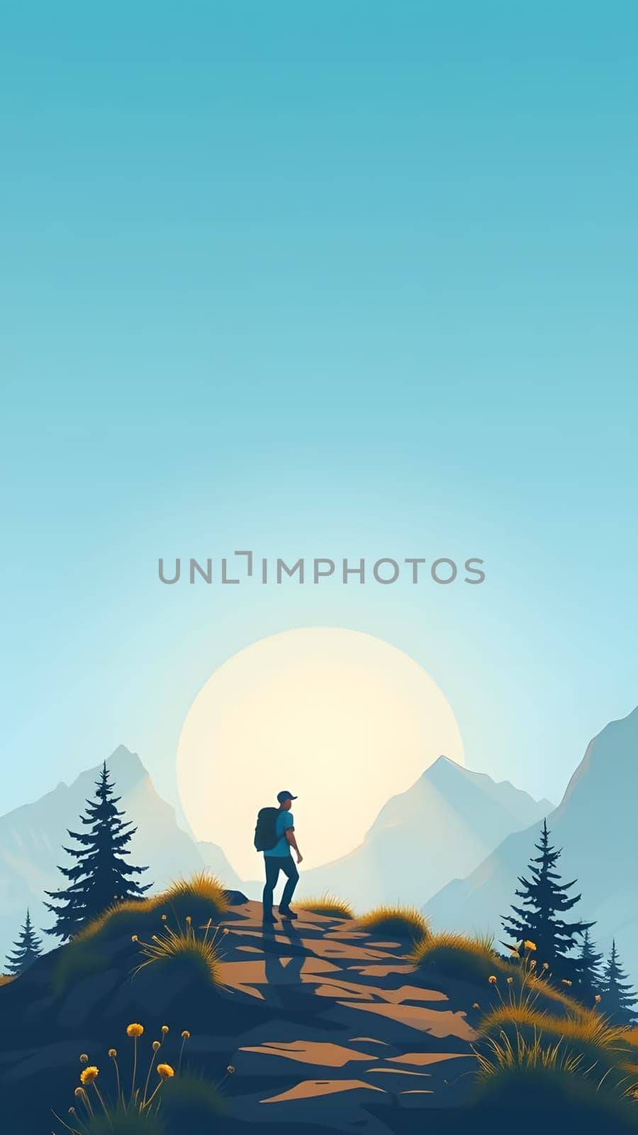 A lone hiker stands on a rocky outcrop, gazing at the rising sun over majestic mountains. The scene is vibrant, with lush greenery and towering trees framing the breathtaking view.