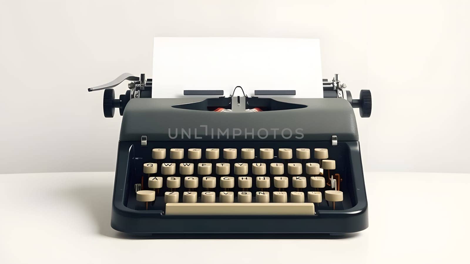 A vintage black typewriter sits on a minimalist white desk, featuring cream-colored keys. Blank paper awaits typing, evoking nostalgia for writing and creativity.