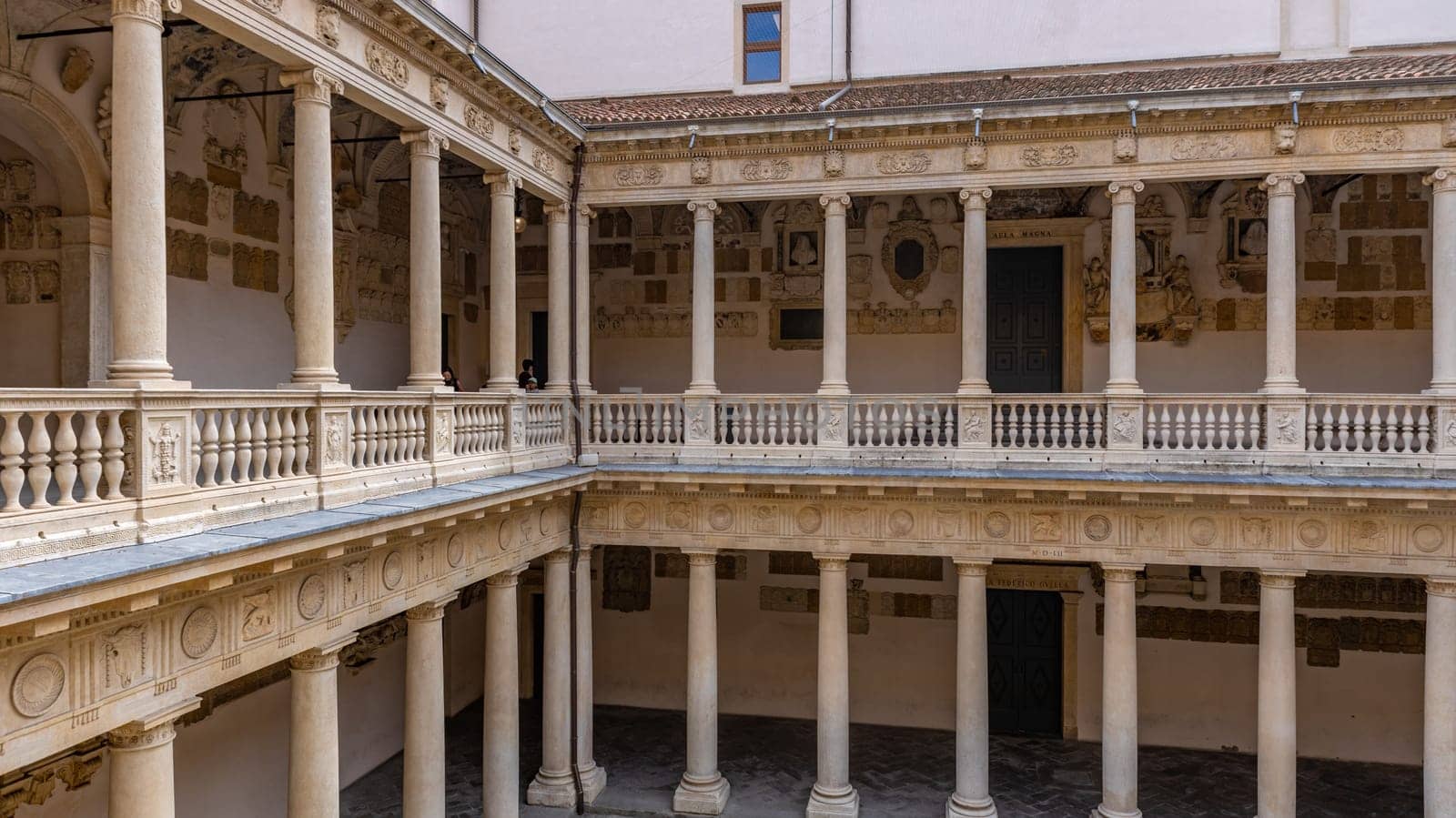 Padua, Italy - July 23, 2024: Palazzo Bo (Bo Palace) yard, historical building home of the Padova University from 1539 in Padua, Italy