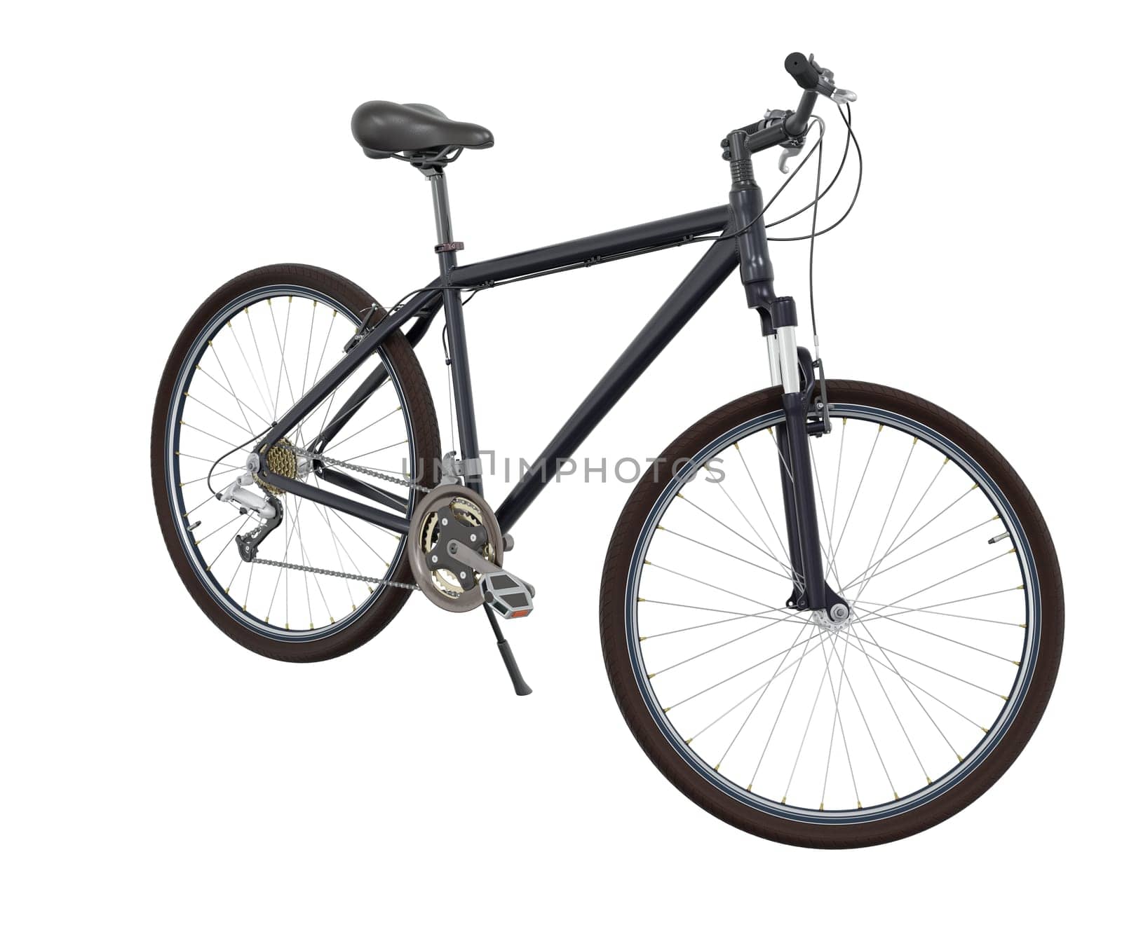 Black bicycle standing while leaning on kickstand, front side view. Bike resting on kick stand isolated on white background, 3D illustration