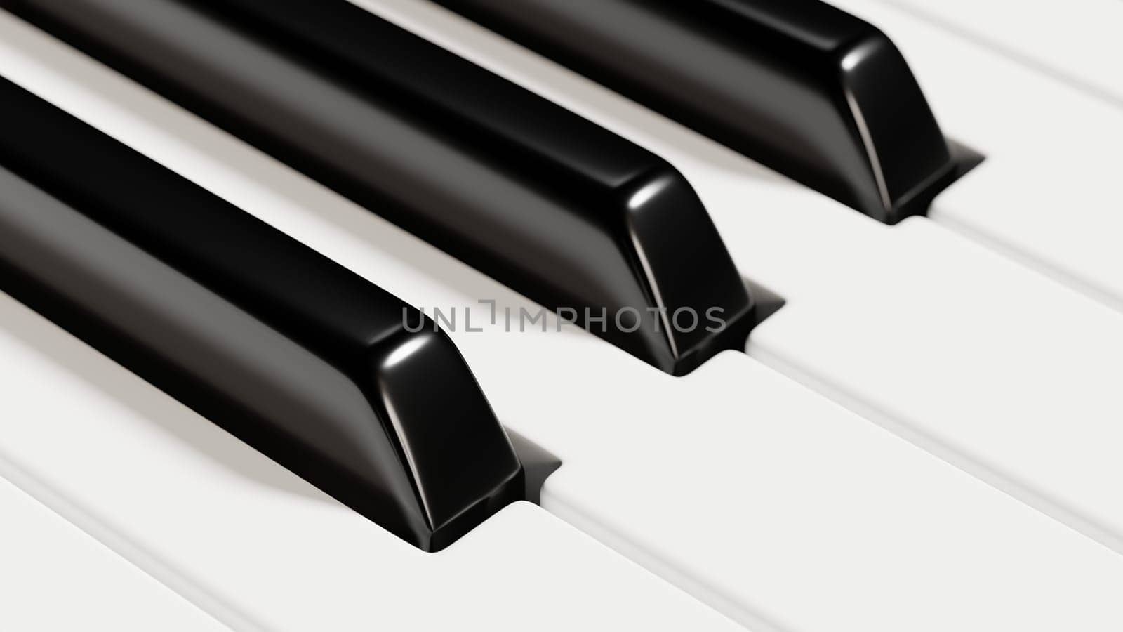 Piano keyboard close up view of black and white keys. Musical background. 3D illustration