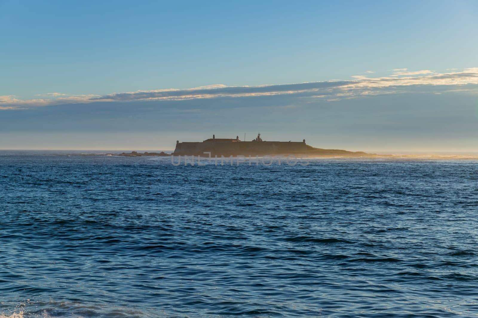 View of Praia de Moledo and Fortress Insua in Caminha, Portugal
