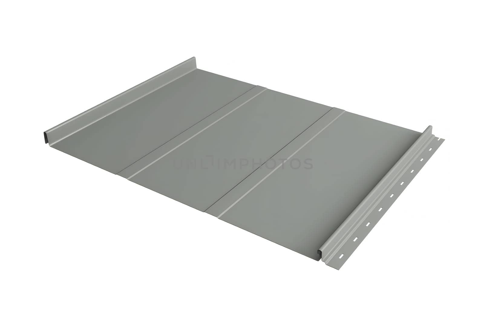 Gray retro roof panel with standing seam and fasteners. Modern galvanized steel roofing sheet with ribs isolated on white background. Classic style black metal panel with rebate joint. Falz roofing
