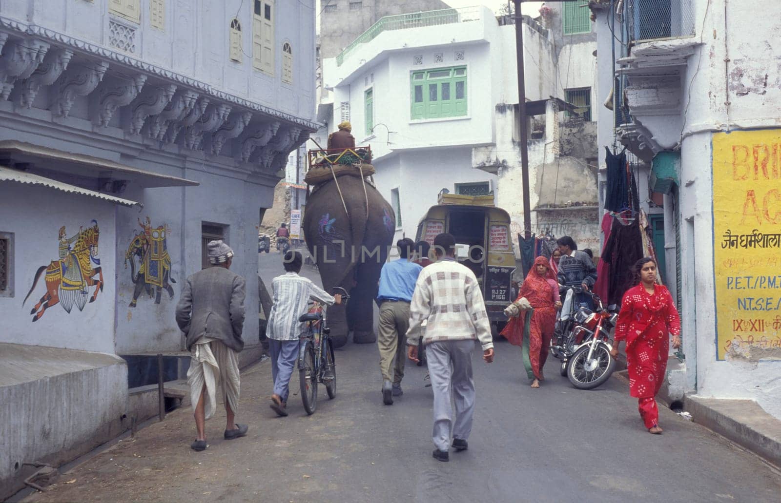 a Elephant in a alley in the Town of Udaipur in the Province of Rajasthan in India.  India, Udaipur, January, 1998