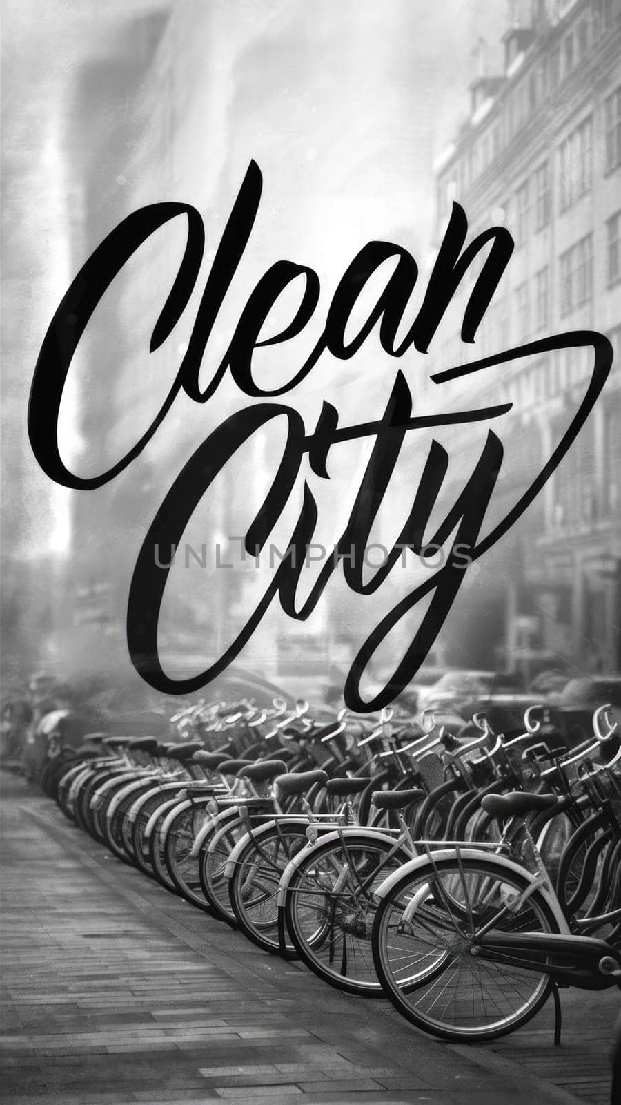black and white image of a bicycle parking with the inscription Clean City . concept of caring for the environment and clean air